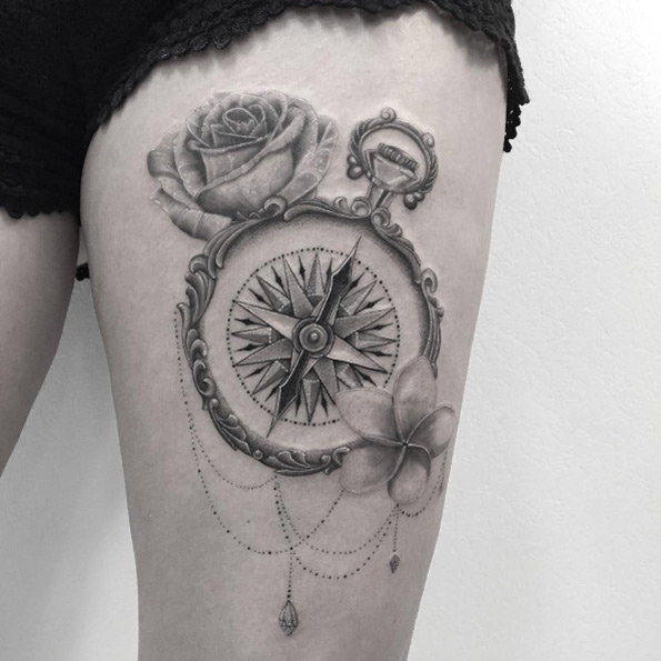 Ornate compass tattoo by Fanny