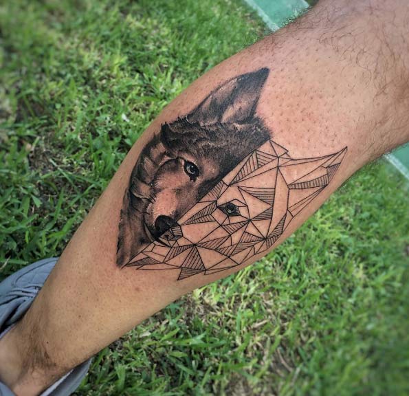Geometric wolf on calf by Jean Alvarez