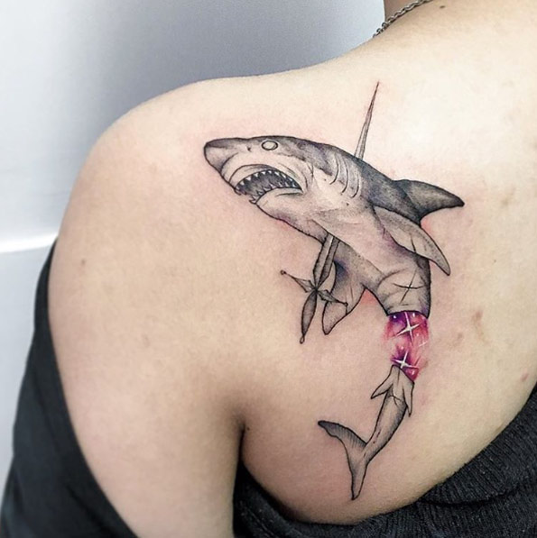 Vanquished shark tattoo by Anzo Choi