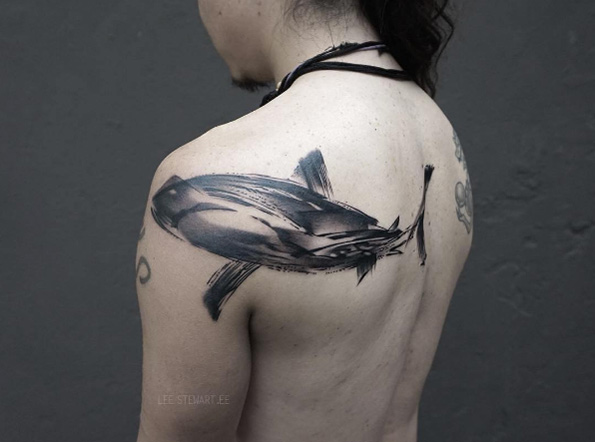 Brush stroke shark tattoo by Lee Stewart