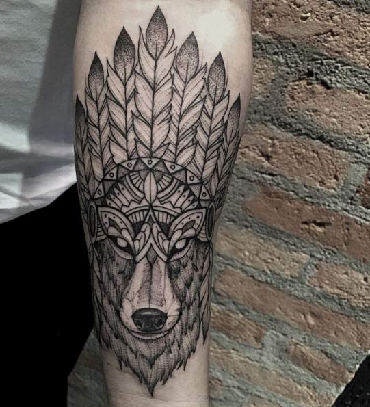 Ornamental wolf tattoo by Lucas Martinelli
