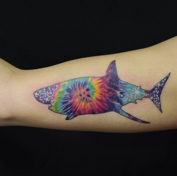 Tie-dye shark tattoo by Jimmy Griswold