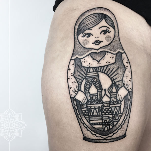 Dotwork russian nesting doll tattoo by Sarah Herzdame