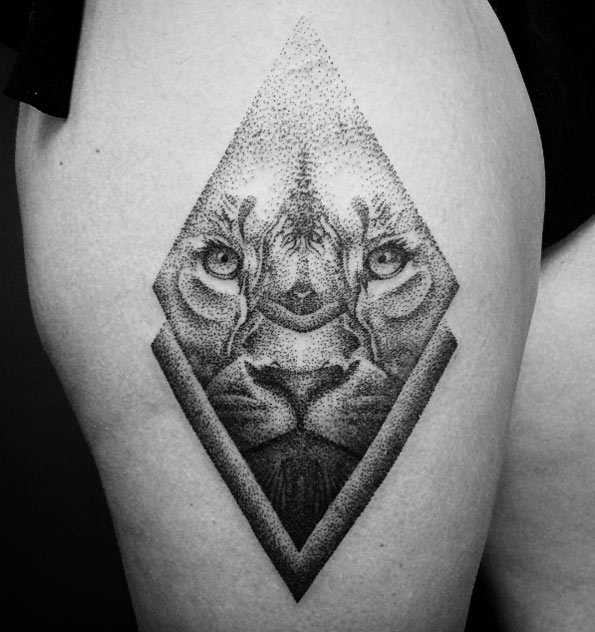 Dotwork diamond lion tattoo by Mathieu Kes