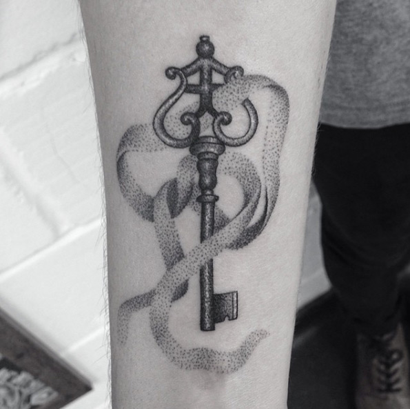 Dotwork skeleton key tattoo by Oliver Whiting