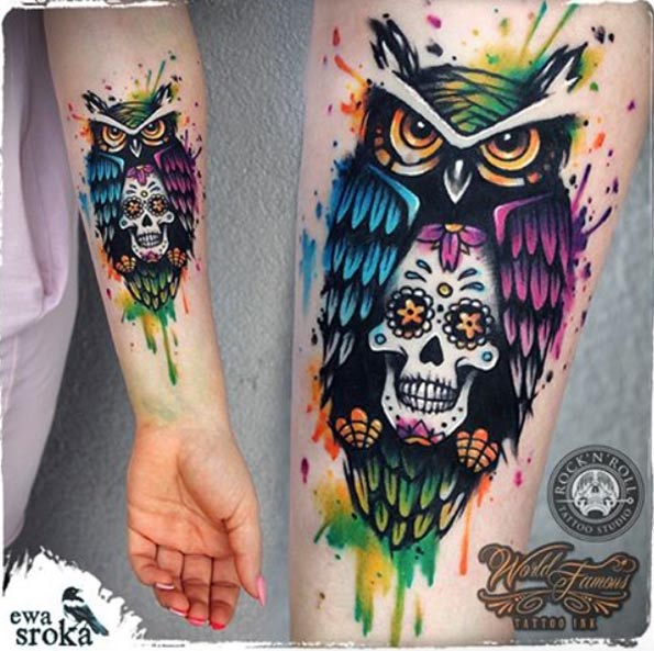 Colorful owl tattoo by Ewa Sroka
