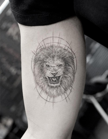Single needle lion tattoo by Sanghyuk Ko
