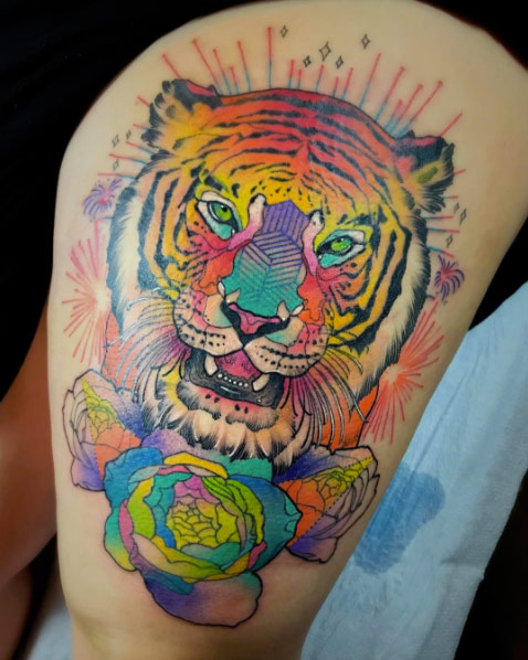 Colorful tiger tattoo by Katie Shocrylas