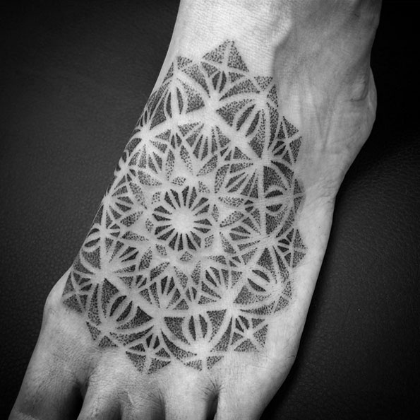Dotwork mandala tattoo on foot by Mathieu Kes