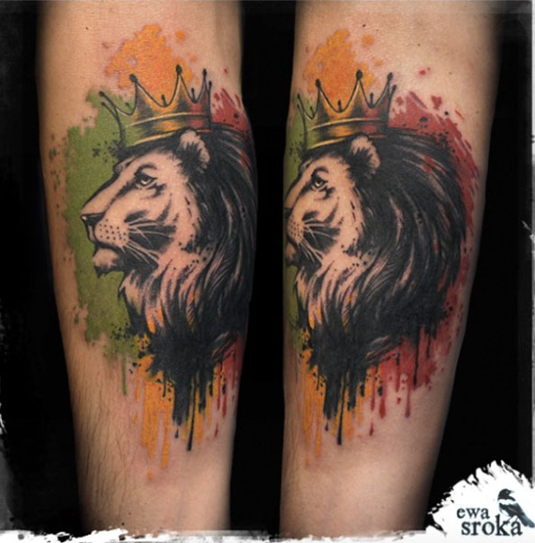 Watercolor lion tattoo by Ewa Sroka