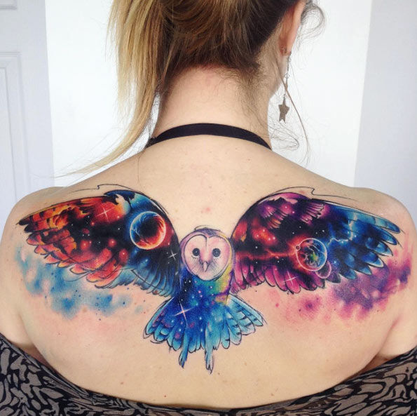 Cosmic owl tattoo by Adrian Bascur
