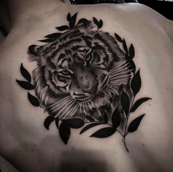 Black and grey ink tiger on back by Chris Stockings
