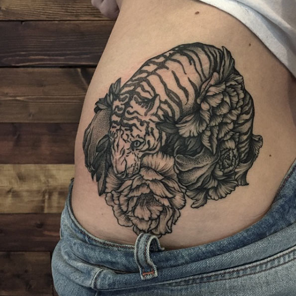 Linework floral tiger tattoo by Sasha Masiuk 