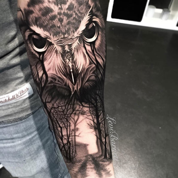 Owl tattoo on forearm by Levi Barnett