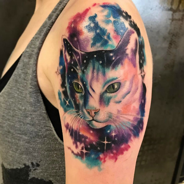 Cosmic cat tattoo by Leah Borkenhagen