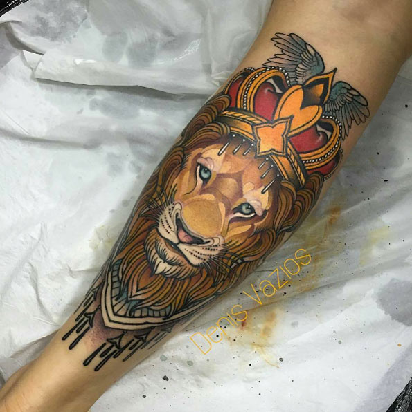 Lion tattoo on calf by Denis Vazios