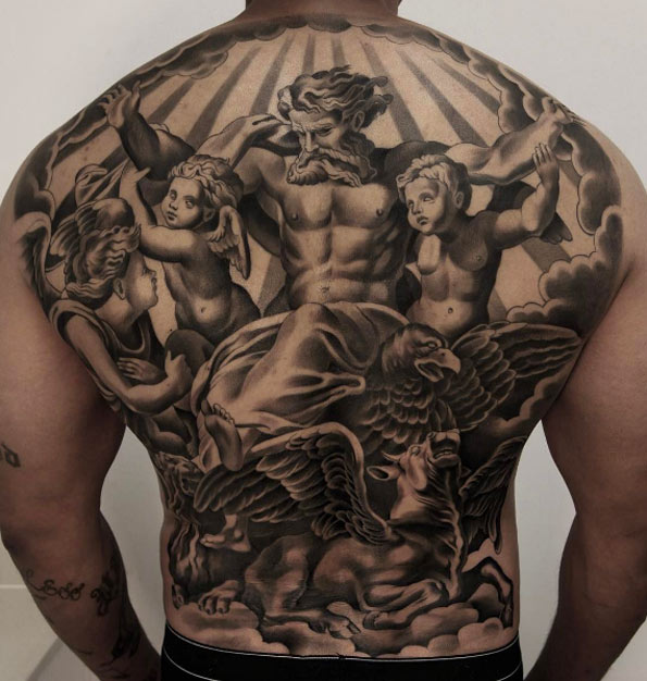 Black and grey ink back piece by Jun Cha