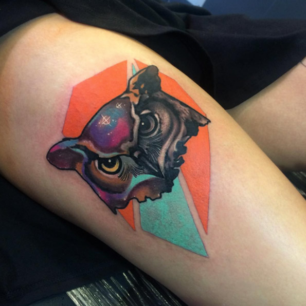 Galaxy-infused owl tattoo by Little Andy