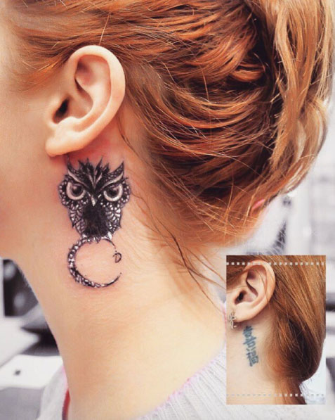 Behind-the-ear owl tattoo by Anna Yershova