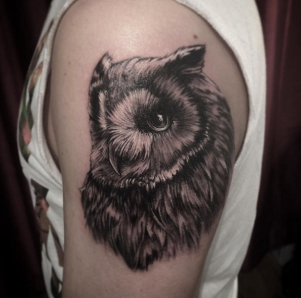 Owl tattoo in progress by Chris Telle