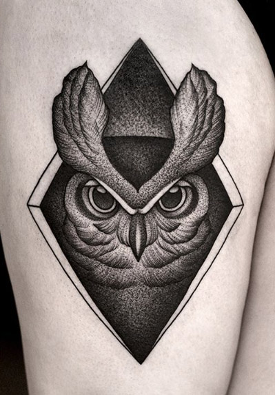 Creative dotwork owl tattoo by Kamil Czapiga