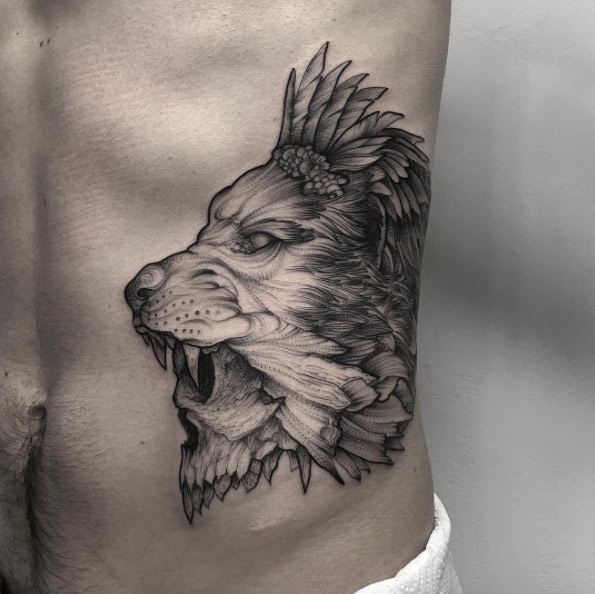 Creative dotwork lion tattoo on rib cage by Parvick