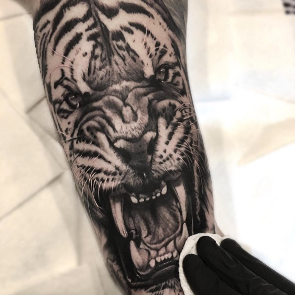 Fearsome tiger tattoo by Tye Harris