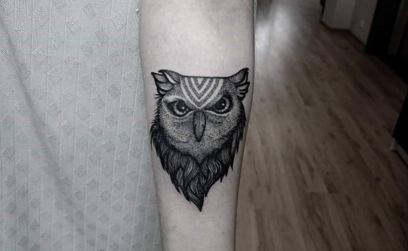Owl tattoo on forearm via Blue Astrid