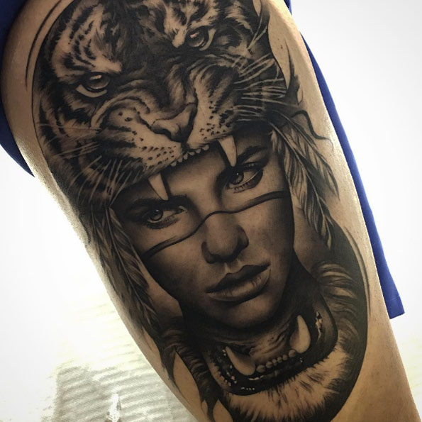 Tiger headdress tattoo by Matias Noble