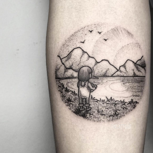 Cute dotwork landscape tattoo by Fin Tattoos