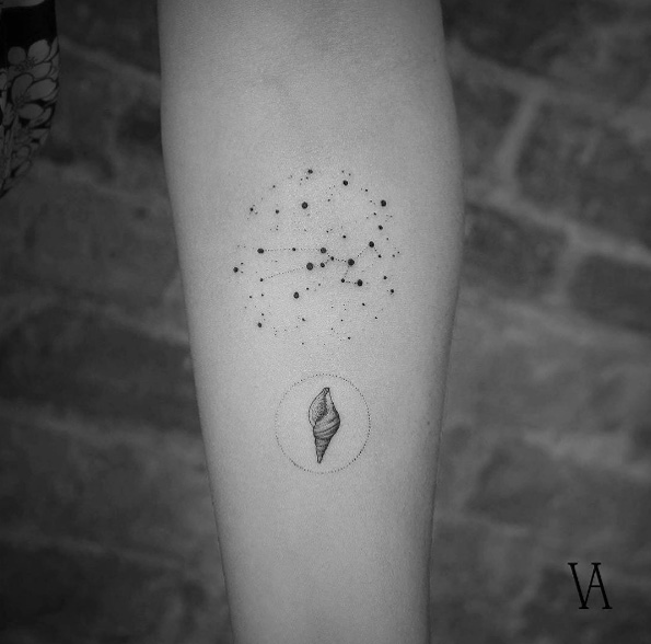Constellation and seashell tattoo by Violeta Arus