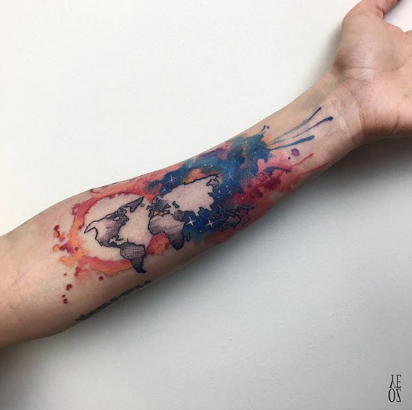 Cosmic world map tattoo by Yeliz Ozcan