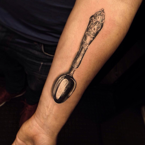 Silver spoon tattoo by Pelaez