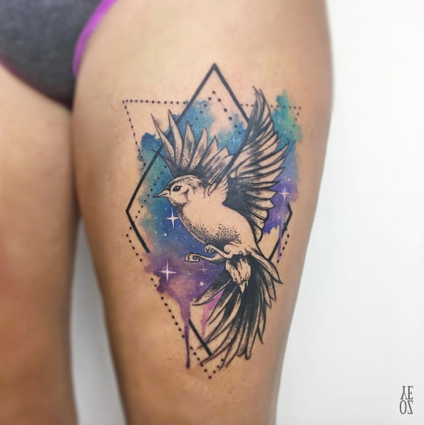Space style songbird tattoo by Yeliz Ozcan