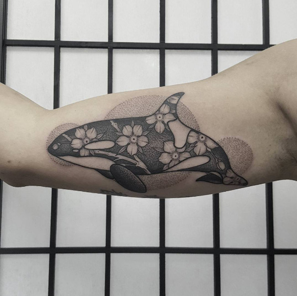 Dotwork foral orca tattoo by Ben Doukakis