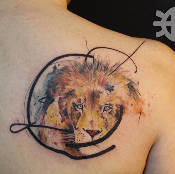 Abstract watercolor lion tattoo by Tayfun Bezgin
