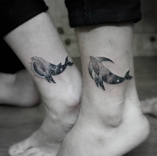 Matching cosmic whale tattoos by Tattoo With Me