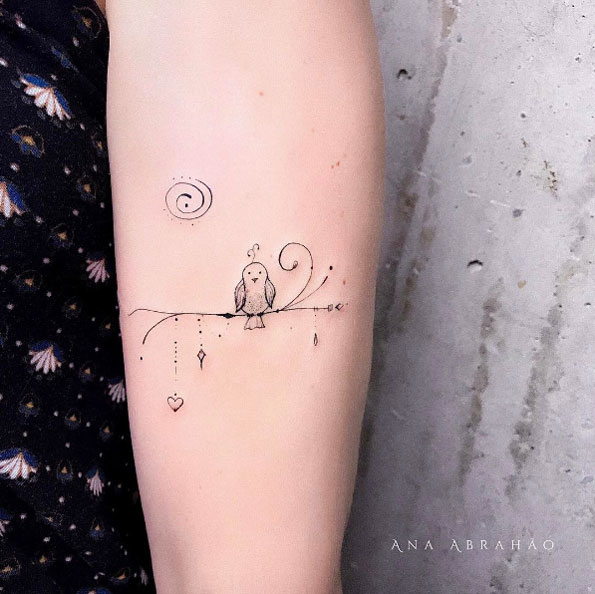 Tiny owl tattoo by Ana Abrahao
