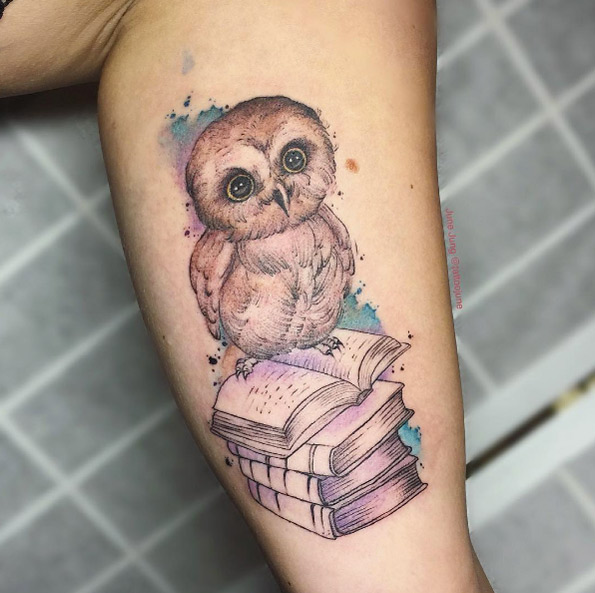 Baby owl book tattoo by June Jung