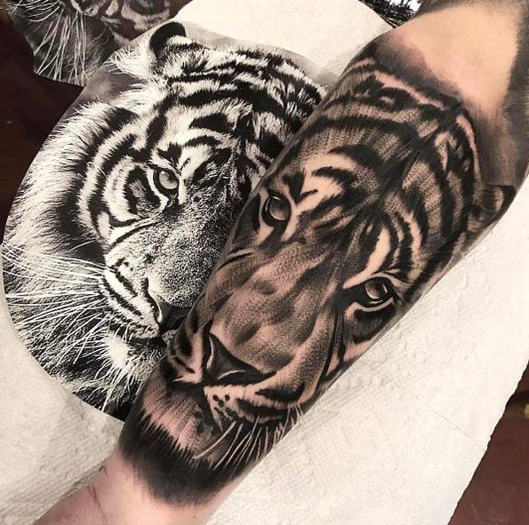 Black and grey ink tiger tattoo by Ethan Gozum