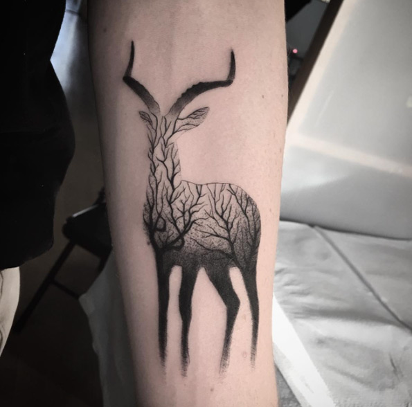Double exposure stag tattoo by Ash Timlin