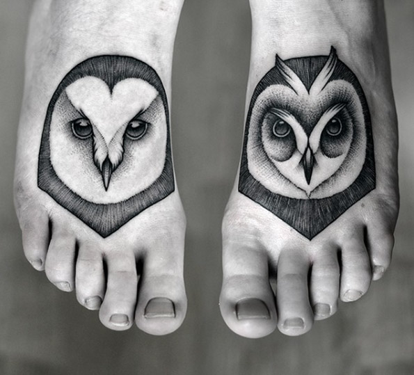 Matching owl tattoos by Kamil Czapiga