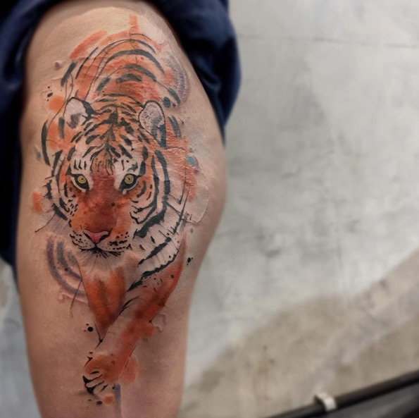 Watercolor tiger tattoo by Felipe Mello