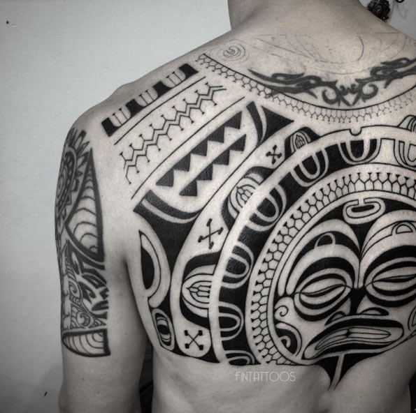 Aztec back piece by Fin Tattoos