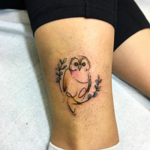 Adorable owl tattoo on ankle by Jordan Ashley