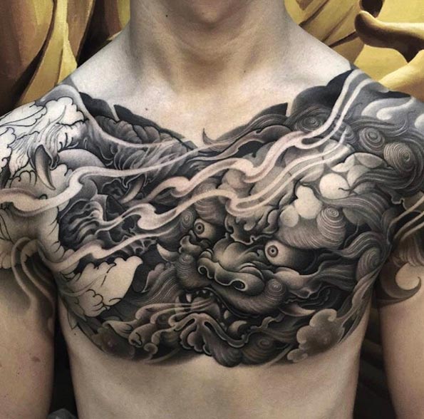 Black and grey ink Japanese chest piece by Zhanshan