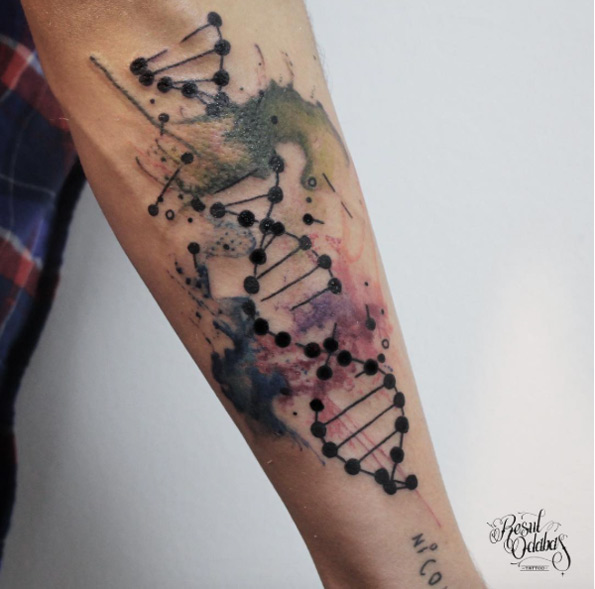 Watercolor double helix tattoo by Resul Odabas