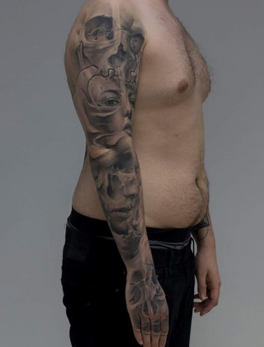 Grey ink full sleeve by Jason Butcher
