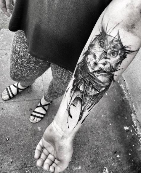scar cover-up sketch style owl tattoo by Inez Janiak