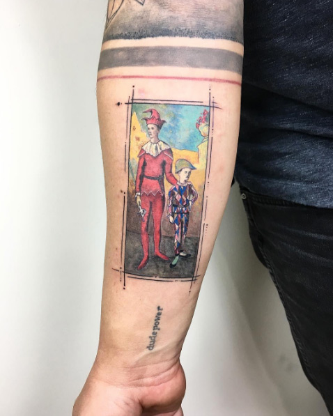 Acrobat and Young Harlequin tattoo by Eva Krbdk